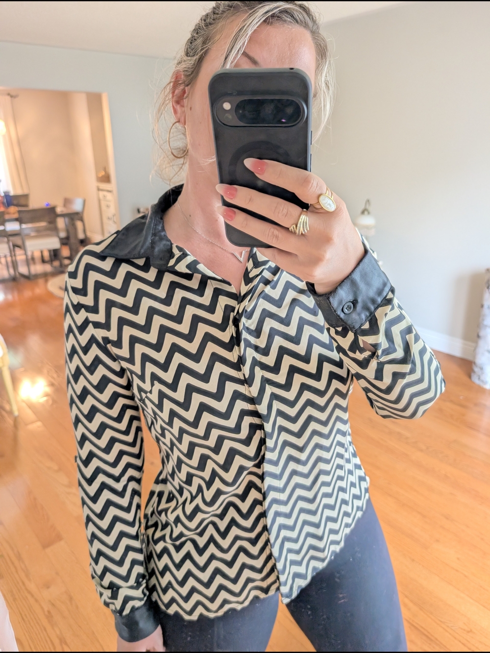 Black & Cream Chevron Button-Up Blouse